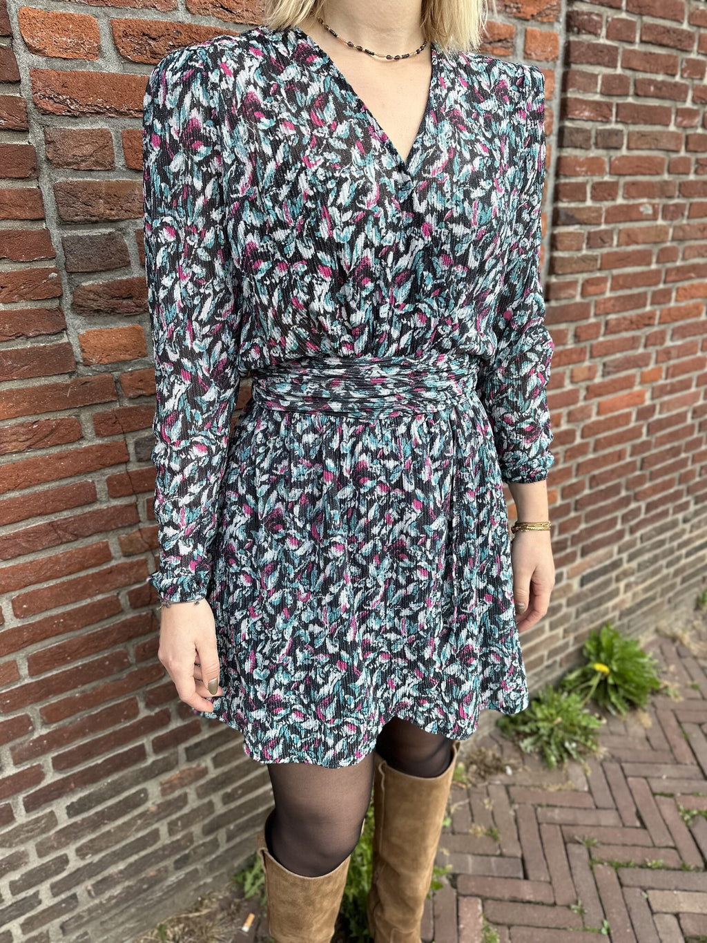 Ladies knitted flower lurex dress - Multi colour