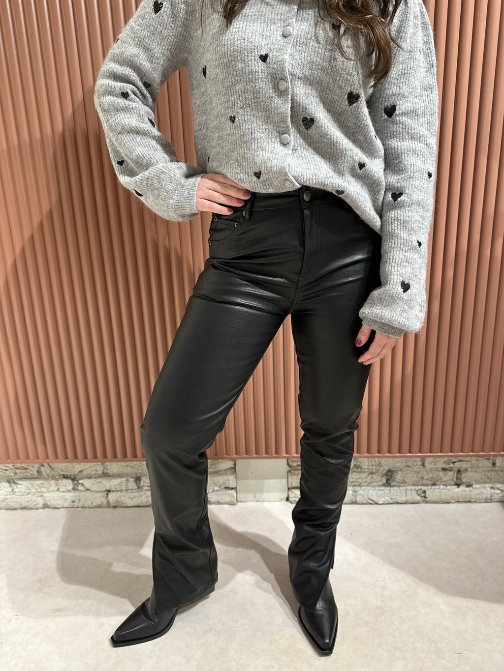 Livia Mid Rise Slit Vegan Leather Pants - Black