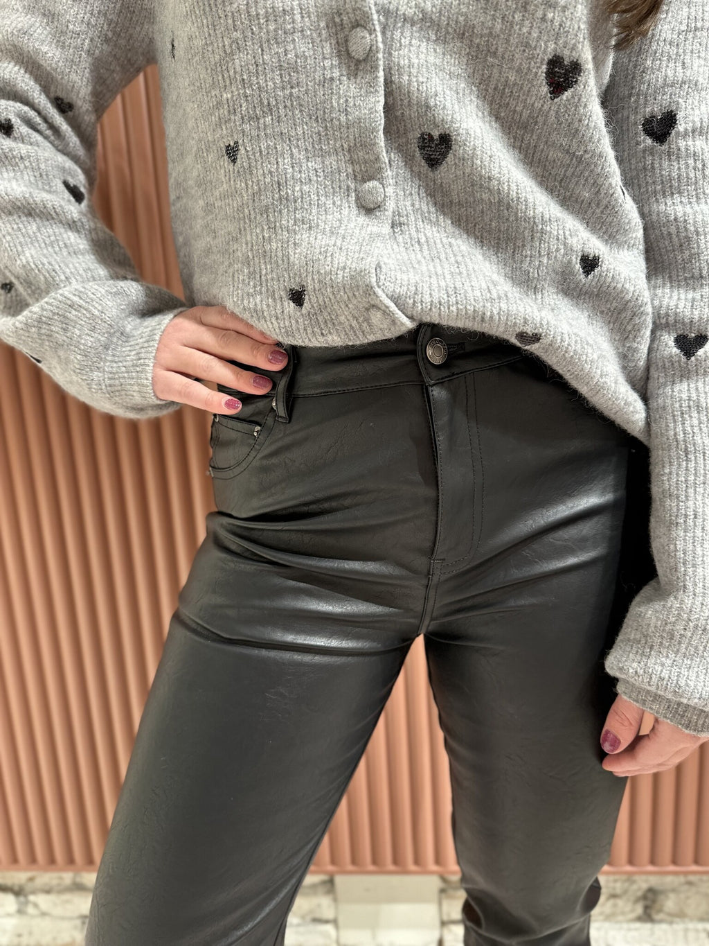 Livia Mid Rise Slit Vegan Leather Pants - Black