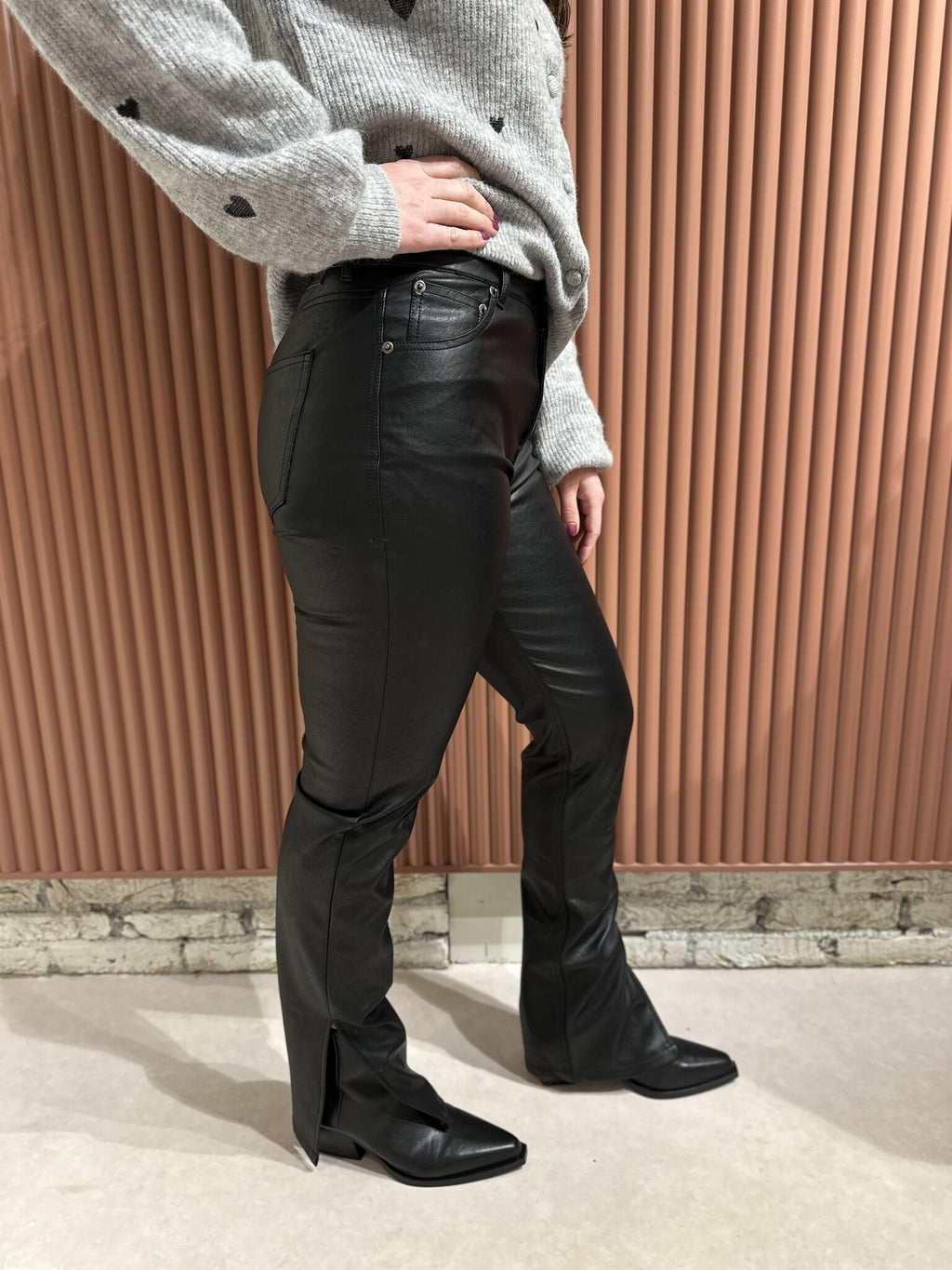 Livia Mid Rise Slit Vegan Leather Pants - Black