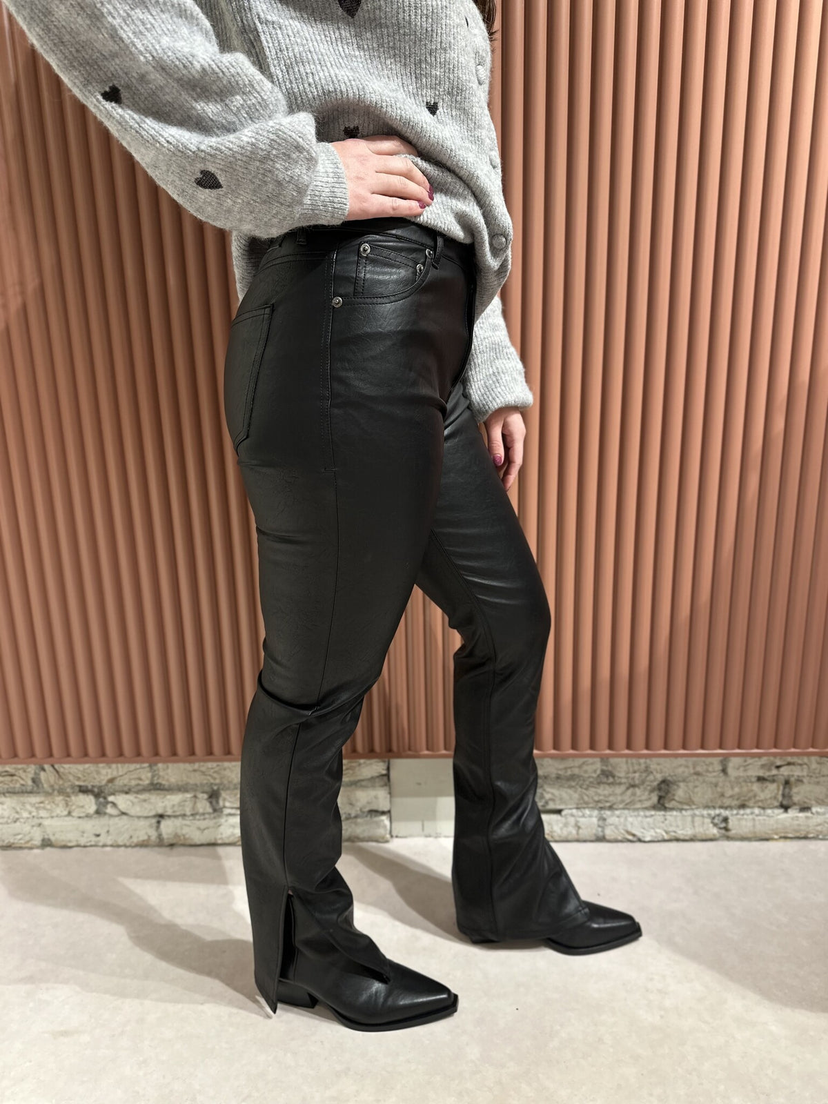Livia Mid Rise Slit Vegan Leather Pants - Black