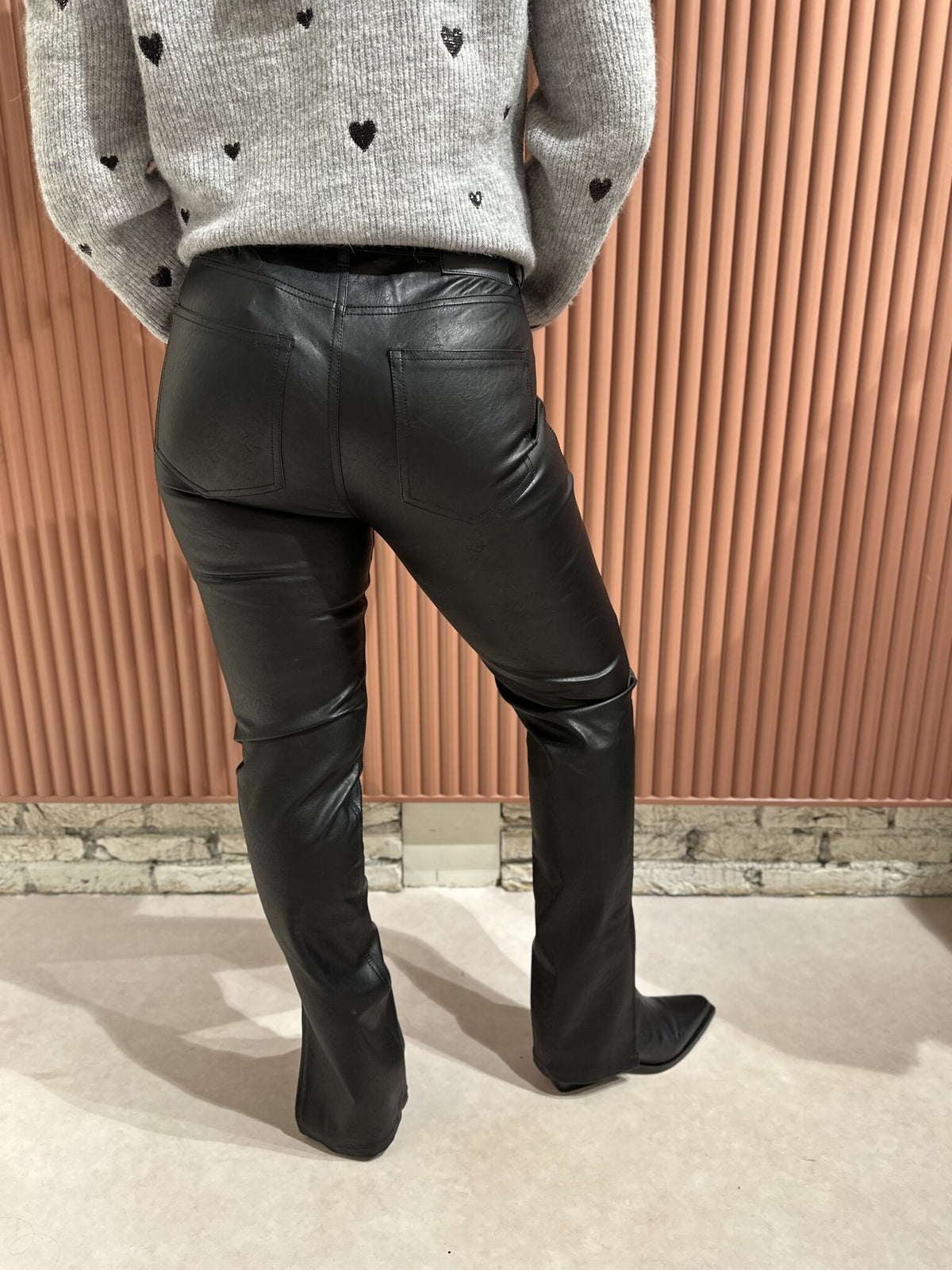 Livia Mid Rise Slit Vegan Leather Pants - Black