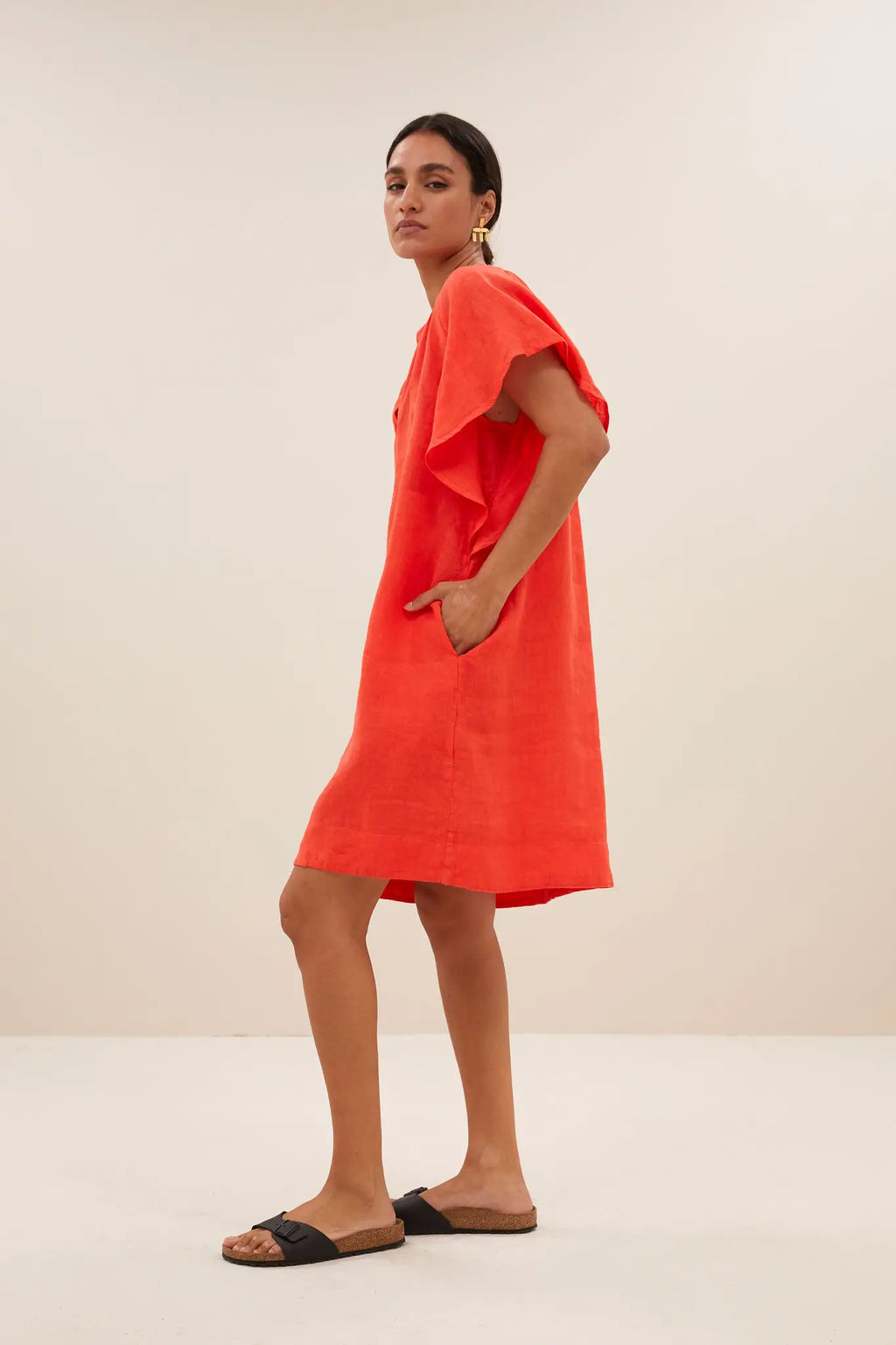 Vina Linen Dress - Bright Poppy