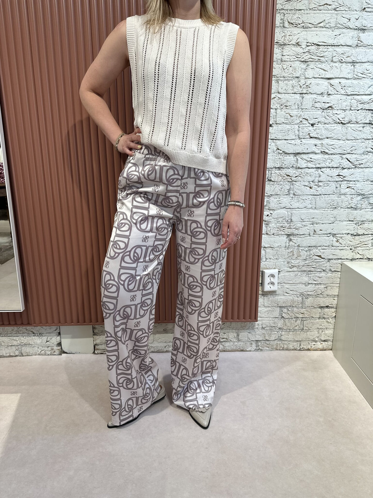 Teo Logo Printed Wide Leg Pants | Butter Cream