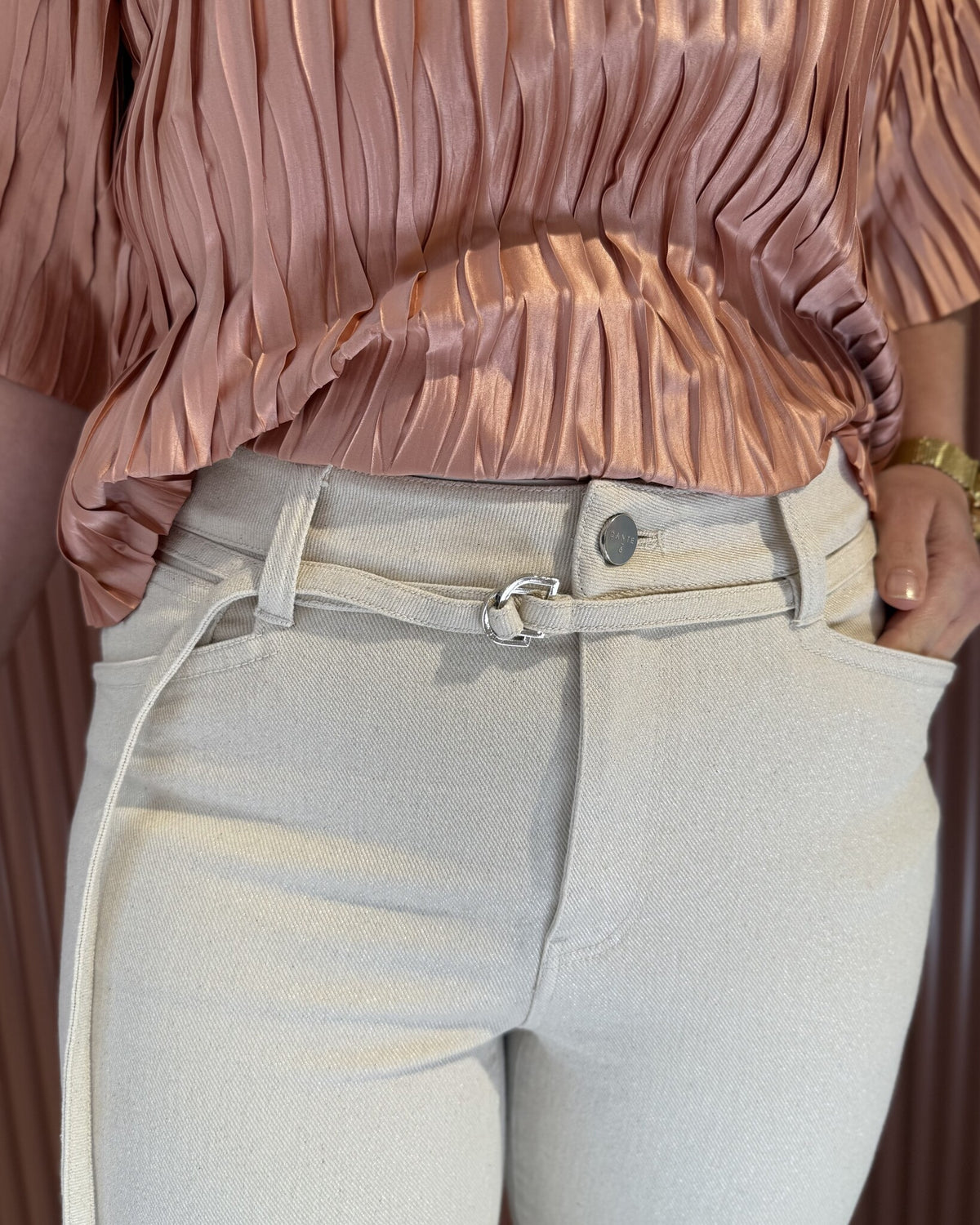 Amanda metallic straight cropped jeans - Butter cream