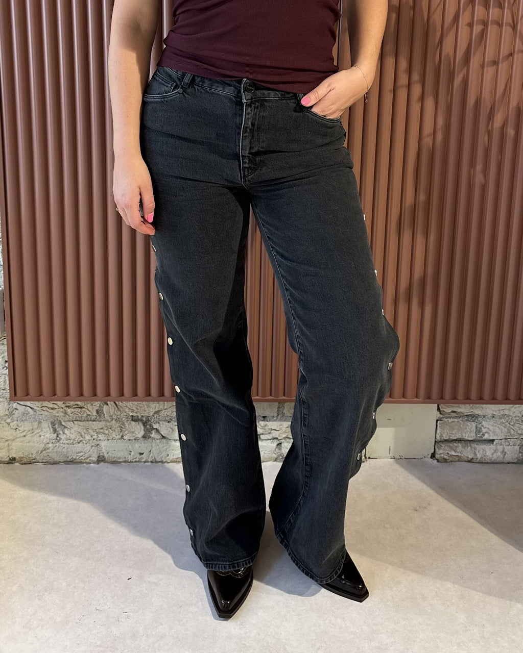 Belvina Button Up Wide Leg Jeans | Washed Black