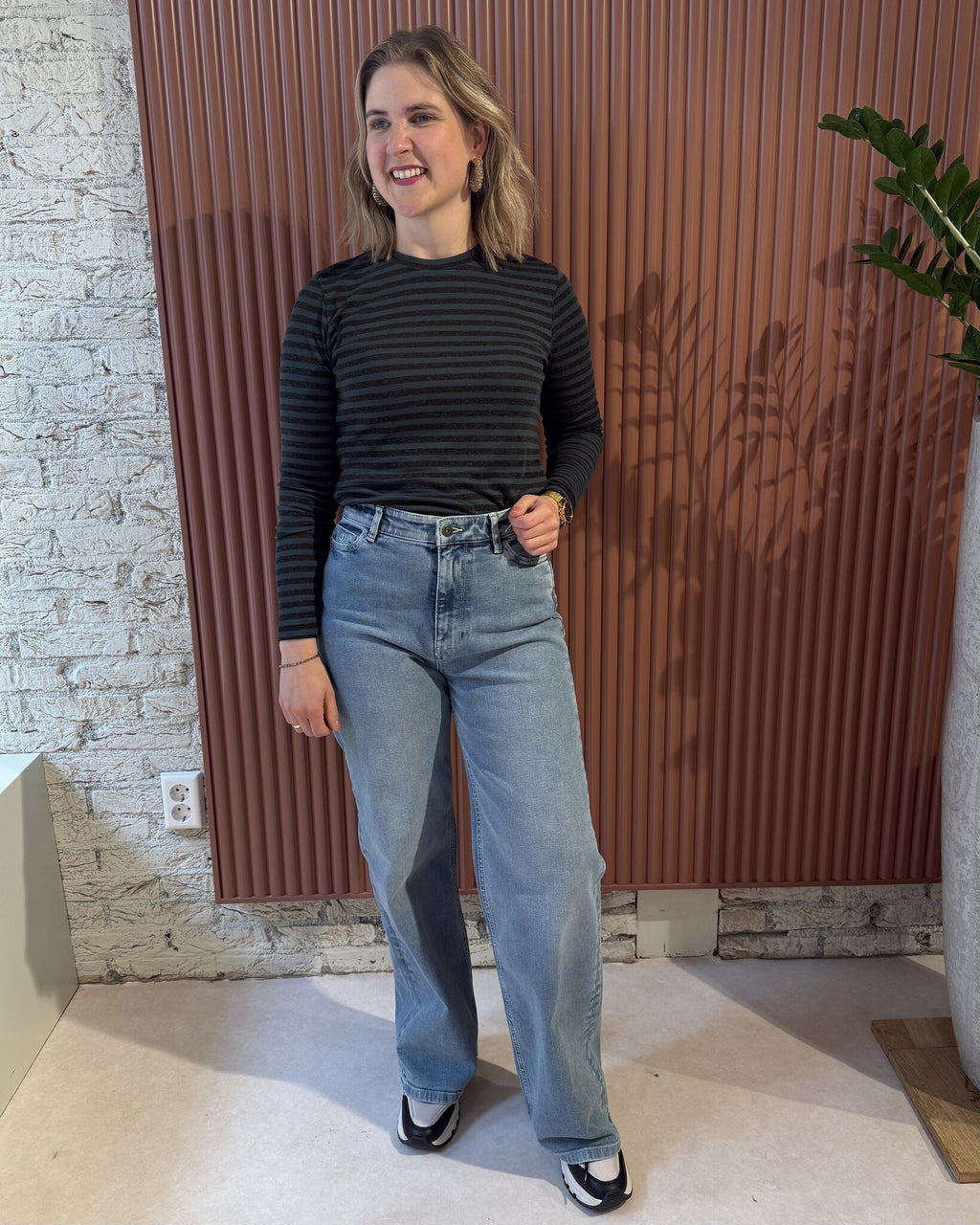 Basic ls melange stripe top | Dried basil