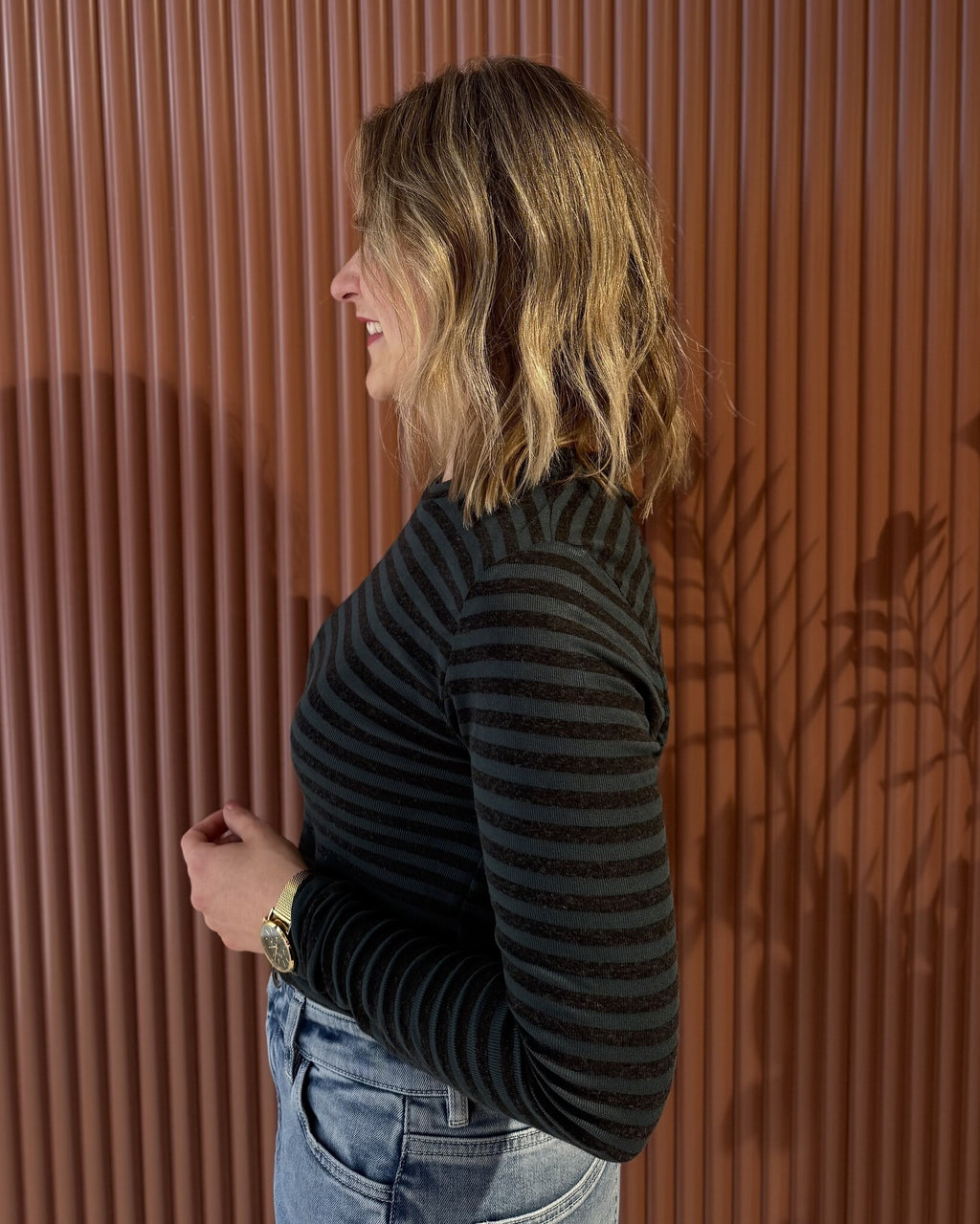 Basic ls melange stripe top | Dried basil