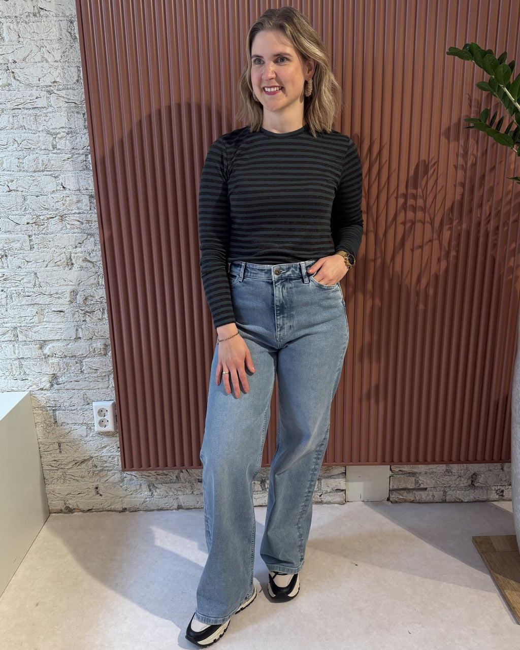 Basic ls melange stripe top | Dried basil