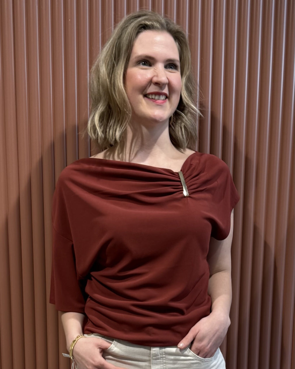 Gou embellished drapey top | Berry Red